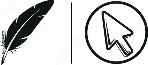 Feather quill silhouette and mouse cursor arrow icon vector set isolated on light background for writing, creativity, and computer interface design