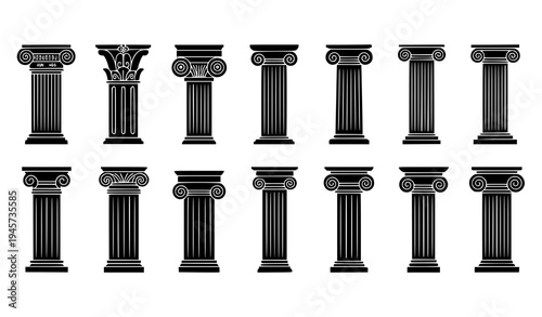 Stylized classical column and pillar vector icons set with sixteen black architectural order symbols