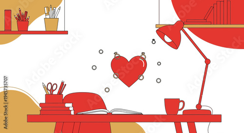 Creative Workspace with Red Heart Icon and Desk Lamp