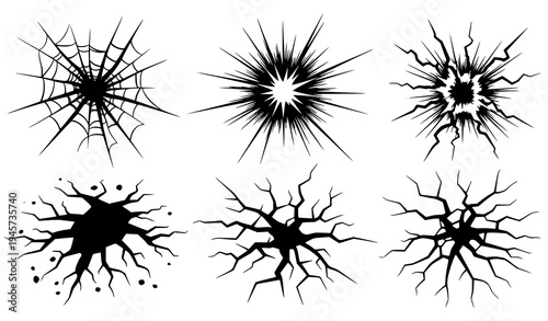 Dynamic shattered crack and impact fracture vector collection with black broken surface designs