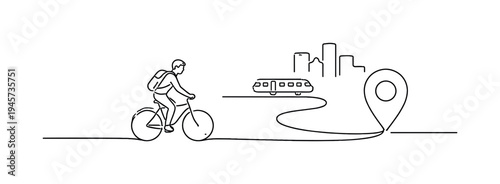 Man on bicycle travels to city via train and map pin destination. A minimalist line drawing illustrates a journey from cycling to train travel, culminating at a city skyline and a