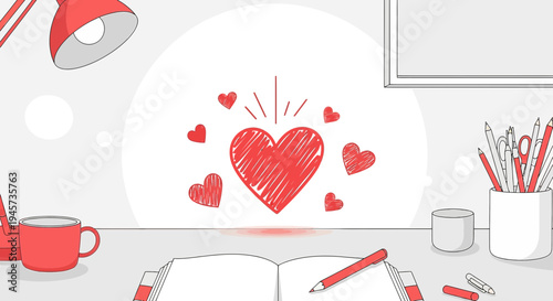 Creative Workstation with Red Hearts, Lamp, Notebook, and Coffee Cup