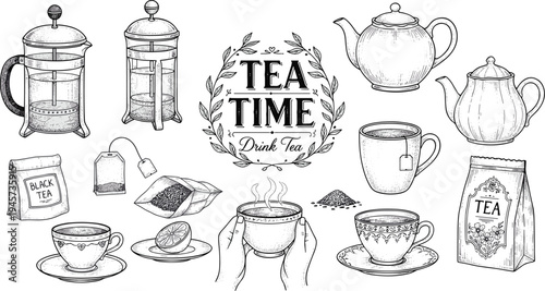 Black and white tea illustration featuring teapots, cups, French presses, leaves, and accessories celebrating cultural tea time traditions