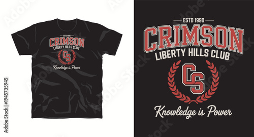 Crimson liberty hills club estd 1990 varsity style t-shirt design with laurel wreath