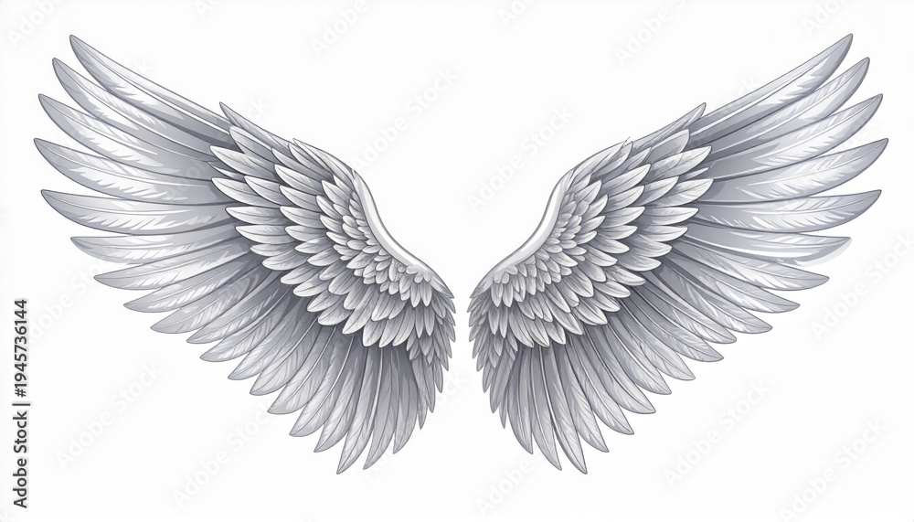 Fototapeta premium Detailed white feathered angel wings isolated on white background soft lighting