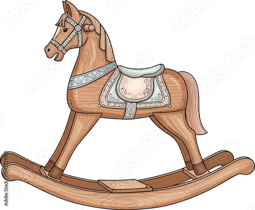 A wooden rocking horse toy with a saddle and bridle on a white background