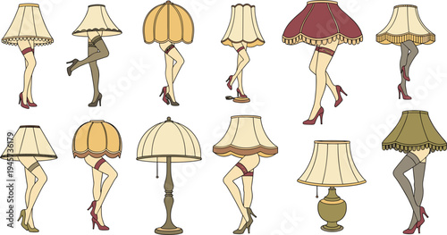 Funny lamps with human legs collection, vintage table lamps with stockings and high heels quirky retro cartoon vector illustration set