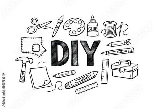 DIY craft supplies and tools illustration with bold lettering. A collection of hand-drawn crafting and DIY tools like scissors, glue, hammer, and rulers arranged around the word