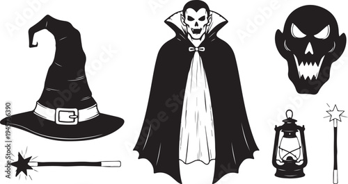 Halloween icons including vampire, witch hat, and spooky mask