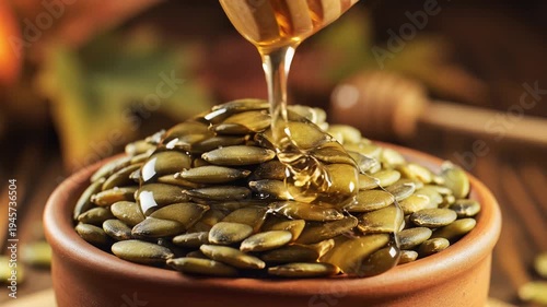 Close up of honey drizzling on pumpkin seeds in a ceramic bowl