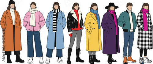 Winter fashion inspiration showcasing diverse coats, jackets, scarves, hats, and boots with stylish casual and trendy seasonal outfit combinations