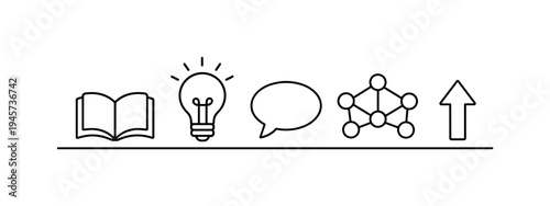 Conceptual icons showing learning, ideas, communication, networking, and growth. A linear sequence of simple line art icons representing knowledge acquisition, innovation, dialogue