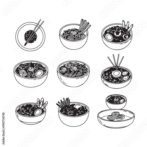 Noodle Bowls with Chopsticks and Ingredients Line Art Illustration