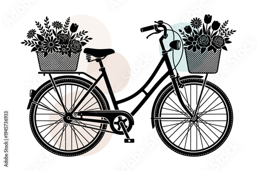 Vector of vintage bicycle with detailed baskets containing roses and sunflowers. Romantic garden transport with floral decor vector illustration design.