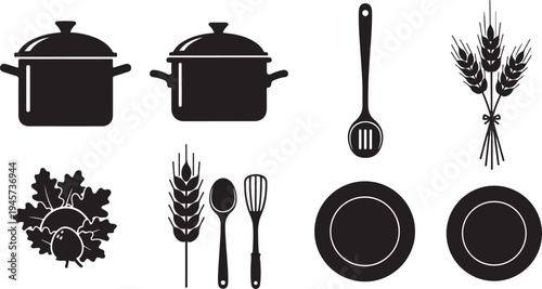 Black silhouettes of kitchen utensils and food icons set