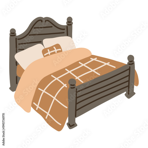 Cozy wooden bed with plaid blanket doodle featuring aesthetic cottagecore bedroom interior decor