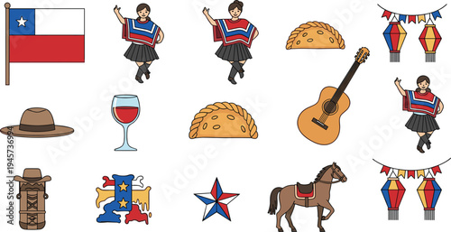 Chile culture icons collection with national flag, traditional dance, empanadas, guitar, horse and festive lantern decorations vector illustration set