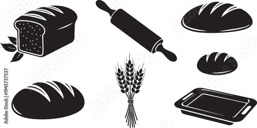 Black and white illustration of bread and baking tools