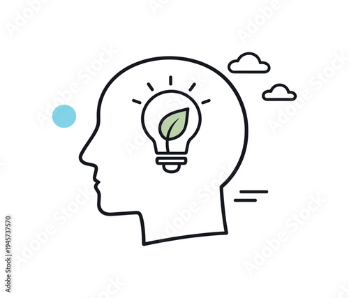 Personal development and self reflection supporting mindful decision making and life improvement, a human head outline with a small light bulb and leaf inside representing insight, learning