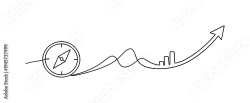 Compass leading to upward trending graph and arrow, symbolizing growth and direction. A minimalist, single-line drawing depicts a compass pointing towards a fluctuating line graph