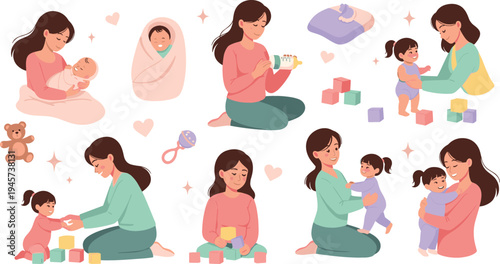 Mother and Baby Daily Activities Clipart Set with Feeding, Playing, Hugging, Building Blocks, Newborn Care and Parenting Moments for Family and Nursery Designs