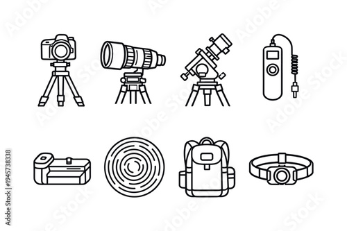 Photography and astronomy equipment icons on a white background. A collection of line art icons representing camera gear, telescope accessories, and outdoor essentials for