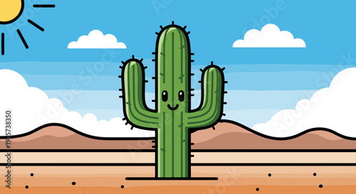 Cartoon Cactus in Desert Landscape.