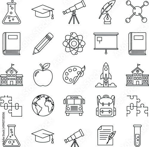 Education and science icon vector set with school, telescope, atom, laboratory flask, and learning symbols isolated on light background for academic design