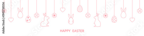 Happy Easter banner with hanging baubles. Holiday background with bunny, eggs, flowers, hearts line art icons. Happy spring pattern. Festive cartoon border. Greeting frame. Vector illustration