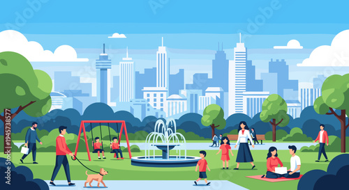 City Park Scene with People Relaxing.