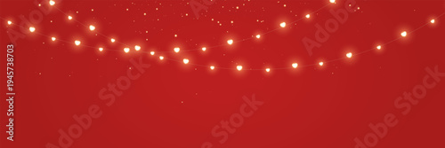 Light heart string red background. Love gold garland. Valentines day banner. Celebration party. Christmas glitter decoration. Golden bulb frame. Neon hanging baubles. Vector illustration