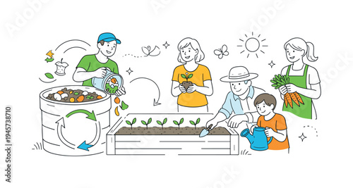 A small group of residents organizing a neighborhood composting and gardening initiative to reduce food waste and support sustainable local food growing, visual metaphor of a large compost