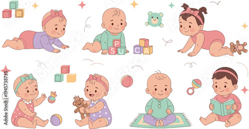 Cute Baby Milestones Clipart Set with Crawling, Sitting, Playing Toys, Reading Book and Educational Blocks for Nursery, Parenting and Childhood Designs
