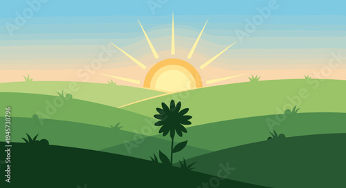 Green Hills with Sun and Plant.
