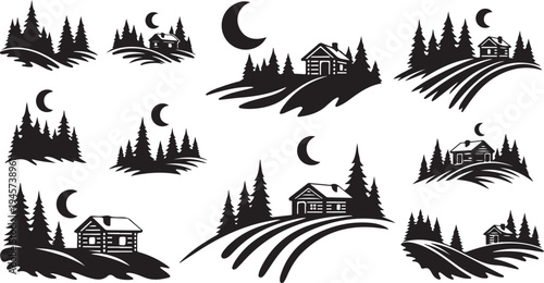 Black and white silhouettes of houses and moonlit landscapes