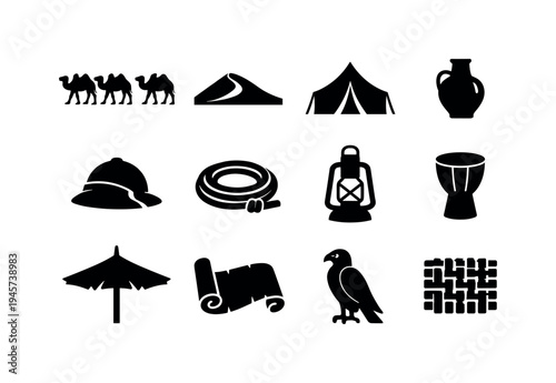 Desert adventure icons: camels, tent, safari hat, and ancient artifacts. Collection of black silhouette icons representing desert travel, safari, and ancient nomadic life