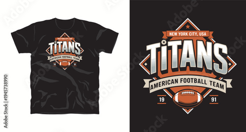 New York City Titans American football team emblem with shield, ball, and text, sports logo, t-shirt design