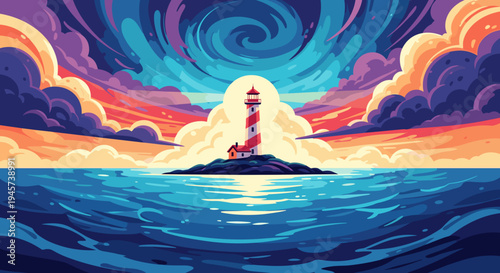 Lighthouse on Island at Sunset.