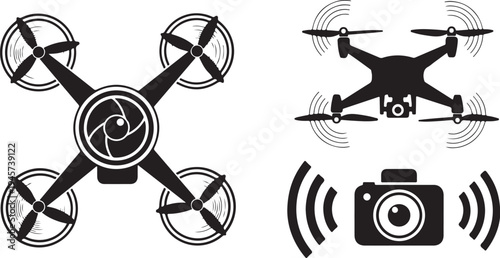 Drone with Camera and Remote Control Icons Vector Graphics