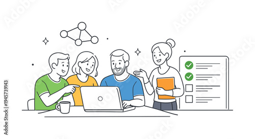 Team collaborating on a project using a laptop and checklist. Diverse group of colleagues discussing ideas and progress around a computer with a task list in the background