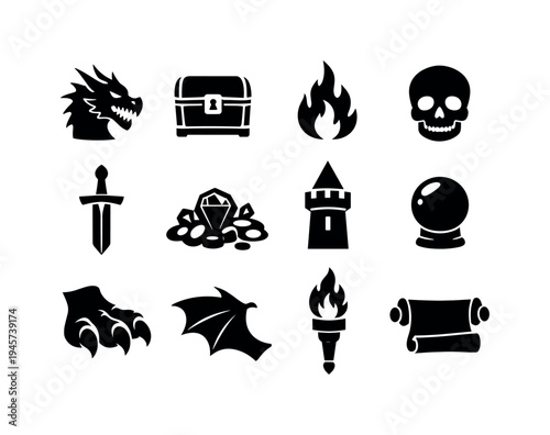 Fantasy game icons collection: dragon, treasure chest, sword, and magic elements. A set of black fantasy game icons including a dragon head, treasure chest, fire, skull, sword