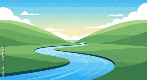 Serene River Landscape with Green Hills.