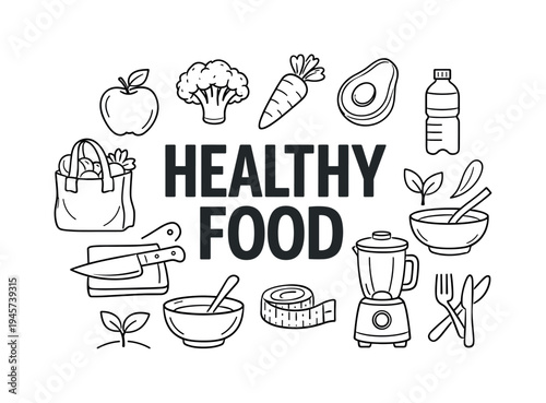 Healthy food icons and text in a doodle style for nutrition and wellness. A collection of hand-drawn icons representing healthy eating, including fruits, vegetables, a blender, and
