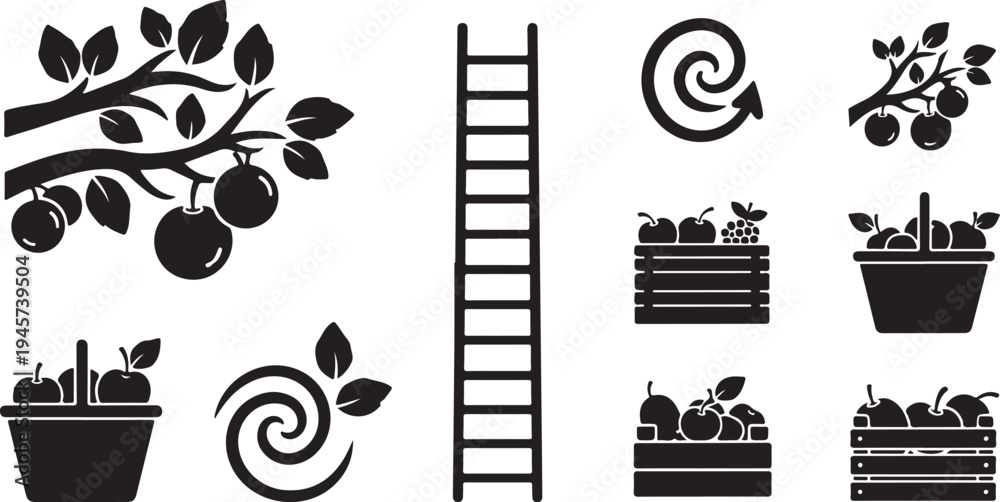 Obraz premium Black and white icons of fruit and gardening tools