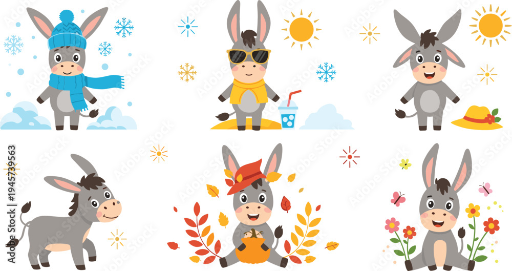 Naklejka premium Cute Donkey Seasonal Clipart Set Featuring Winter, Summer, Autumn and Spring Donkey Characters with Weather Elements, Flowers, Leaves and Nature Symbols