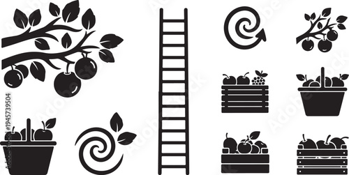 Black and white icons of fruit and gardening tools