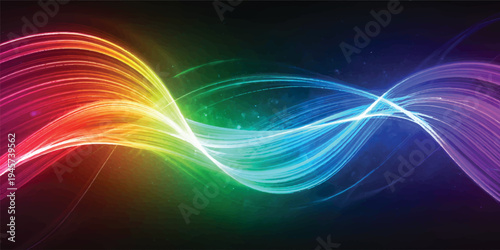 A futuristic digital art wallpaper featuring a colorful abstract fractal design with glowing neon lines and blue energy waves in motion against a bright black space backdrop