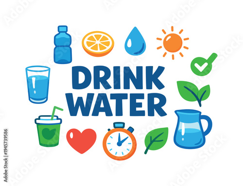 Drink Water illustration with health and wellness icons. A vibrant graphic promoting hydration with symbols of a water bottle, glass, jug, sun, leaf, heart, and stopwatch