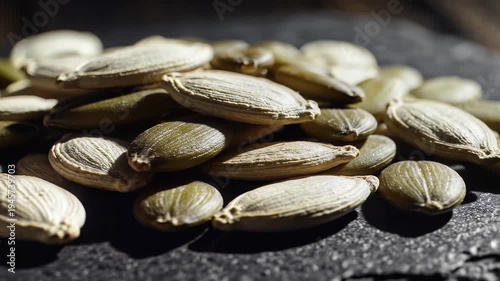 Close up of raw pumpkin seeds on dark surface with selective focus