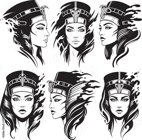"Cleopatra Face Tattoo Vector – Ancient Egyptian Queen Portrait Design"